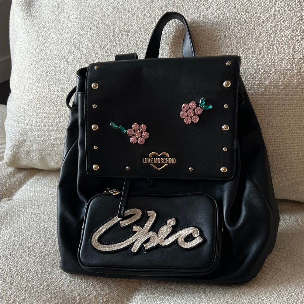 Love Moschino Black Backpack with Pink Floral Accents